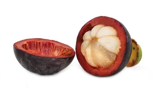 Purple Mangosteen Fruit, close up of tropical fruit on white background