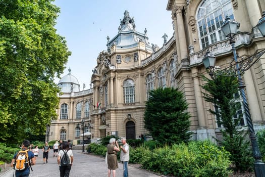 Budapest, Hungary - July 04, 2019: The Vajdahunyad castle, built to celebrate the Millennium, perfectly illustrates the different architectural styles that characterize Hungary. It is partly inspired by the castle of Honedoara (Transylvania, Romania).