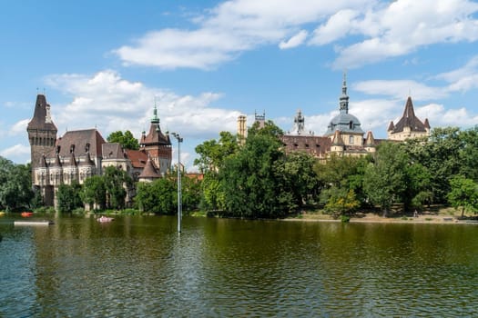 Budapest, Hungary - July 04, 2019: The Vajdahunyad castle, built to celebrate the Millennium, perfectly illustrates the different architectural styles that characterize Hungary. It is partly inspired by the castle of Honedoara (Transylvania, Romania).