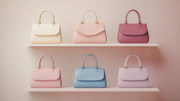 A delightful array of six handbags in pastel shades, including yellow, pink, blue, and purple, showcased on a sleek shelf in a boutique, offering a chic shopping experience.