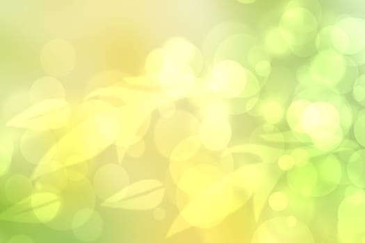 Abstract gradient green light and yellow colorful pastel spring or summer bokeh background with leaves and circular lights. Beautiful texture.