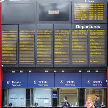 LIVERPOOL, UK - CIRCA JUNE 2016: Ticket office and timetable of arrivals and departures of trains at Liverpool Lime Street station