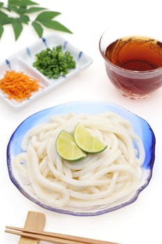 Japanese chilled udon noodles in a glass plate with soy sauce