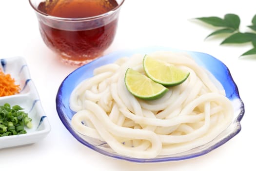 Japanese chilled udon noodles in a glass plate with soy sauce on white background