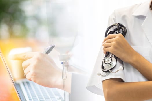 Double Exposure of Young adult female doctor hold stethoscope in examination room medical office.