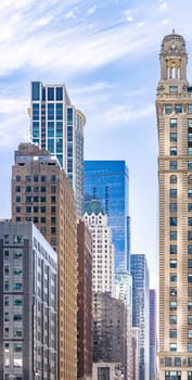 Closeup of building skylines skyscraper in Chicago IL USA