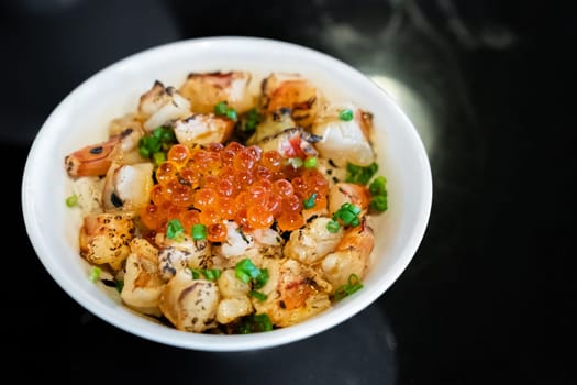 grilled prawn shrimp ebidon Donburi with salmon roe and egg
