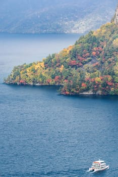 aerial view of Autumn fall mountain with Lake towada in Aomori Tohoku Japan