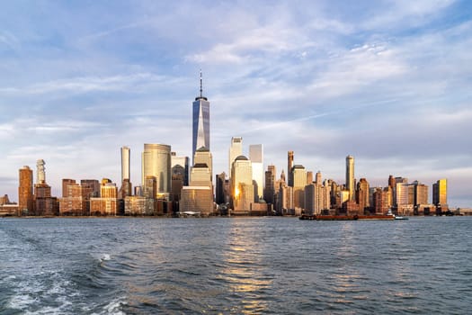 New York city Manhattan skyline cityscape at sunset from New Jersey.