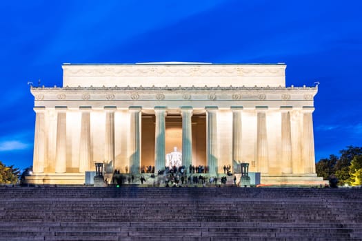 Lincoln Memorial building in Washington DC USA at night sunset.