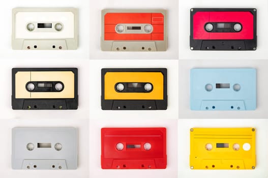 Collection from Retro Audio Tapes in a row isolated on white background