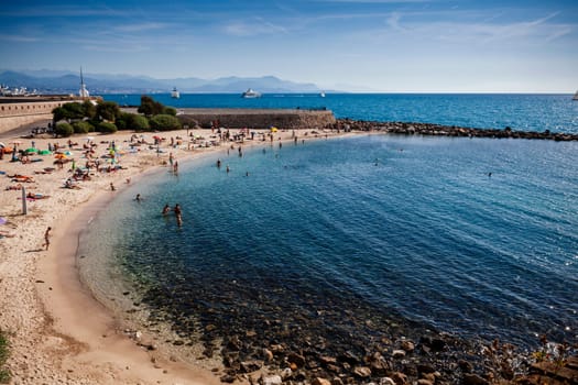 View of Plage de la Gravette in the old town section of Antibes in the south of France.