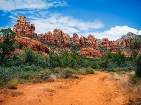 View of a range of Red Rocks of Sedona, Arizona including Snoopy Rock from Margs Draw hiking trail.