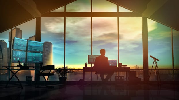 The trader trades on the stock exchange at home in a comfortable environment. Before him are monitors and infographics for successful online trading.