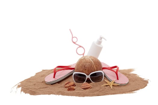 Beach accessories: flip flops, sunglasses, sunscreen, seashells and coconut drink, lying on the sand on white background. Concept of sea vacation and travel. Summer background, Protection from uv