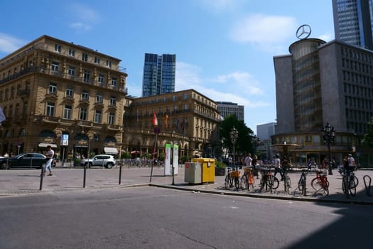Frankfurt, Germany - July 06, 2019: The Imperial Square in the city center with the Hotel Steigenberger Frankfurter Hof as well as shops and commercial buildings on 06 July 2019 in Frankfurt...