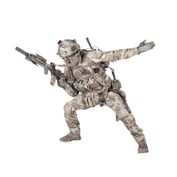 Army soldier, modern combatant, fireteam sergeant in battle uniform and helmet, armed with service rifle, duck under enemy fire, giving follow me arm signal studio shoot isolated on white background