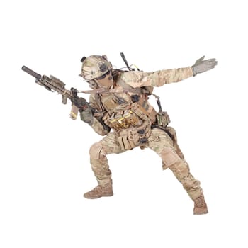 Army soldier, modern combatant, fireteam sergeant in battle uniform and helmet, armed with service rifle, duck under enemy fire, giving follow me arm signal studio shoot isolated on white background