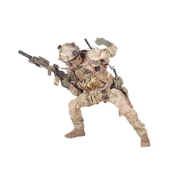 Army soldier, modern combatant, fireteam sergeant in battle uniform and helmet, armed with service rifle, duck under enemy fire, giving follow me arm signal studio shoot isolated on white background