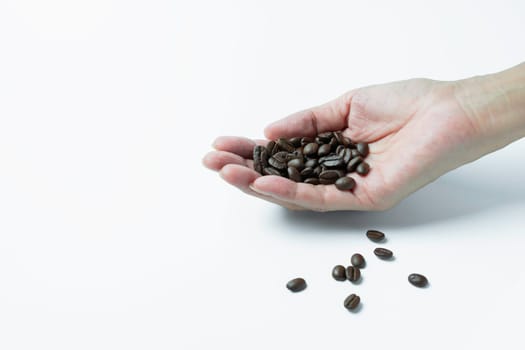 Hand holding coffee beans isolated on white background and copy space