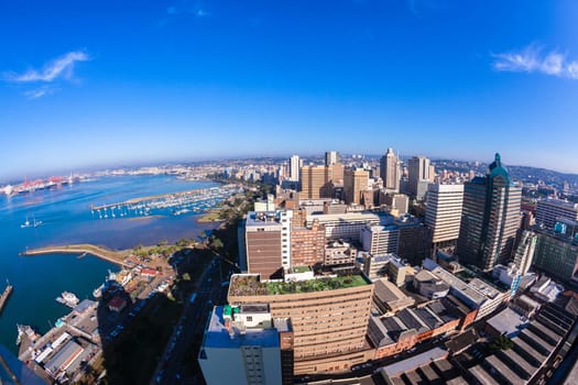 Durban City harbor port landscape from birds-eye air position.