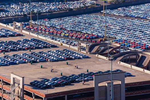 Durban harbor port car terminal export import landscape from birds-eye air position.