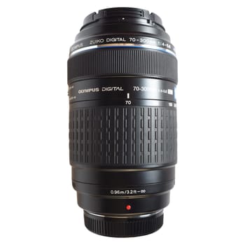 LONDON, UK - FEBRUARY 8, 2015: Olympus Zuiko ED 70-300 mm Four Thirds digital zoom tele lens isolated over white background