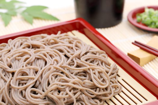 Japanese Zaru soba noodles in a ceramic bowl on white background