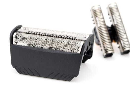 Blade cutter head and shaver replacement foil for electric razor on white background