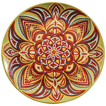 Decorative ceramic dish painted with hands. Art, handmade. Pattern mandala
