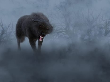 3D rendering of a black growling aggressive wolf with glowing red eyes in a dark mysterious foggy forest.