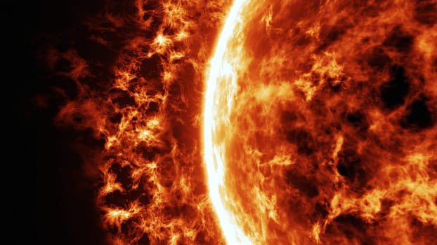 Sun surface with solar flares - close up. Abstract scientific background. 3d illustration.