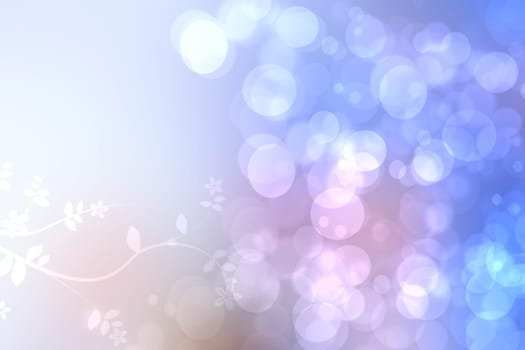 Abstract gradient light blue and pink colorful pastel spring or summer bokeh background with leaves and circular lights. Beautiful texture.
