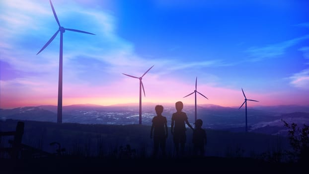 Silhouettes of children standing against the sun at sunset opposite windmill power plants.