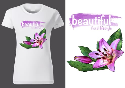 Design of Women White T-shirt with Floral Pattern - Colored Fashion Illustration for Plant Lovers