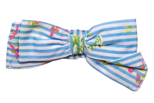 Bow tie isolated. Closeup of decorative elegant blue striped bow tie with a floral pattern isolated on a white background. Decoration design element. Macro.