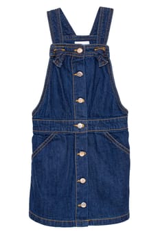 Jeans dress isolated. Close-up of cute sleeveless blue jean dress for child girl isolated on a white background. Denim fashion for kids. Macro.