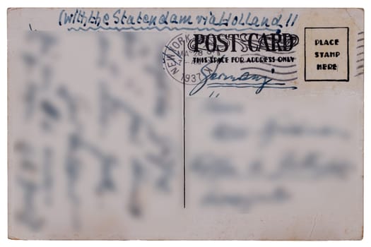 Postcard vintage. Reverse of postcard of Rockefeller Center in NYC, postmarked of MAY 28, 1937, which was sent with the Twin Screw Turbine Steamer TSS STATENDAM via Rotterdam to Germany.