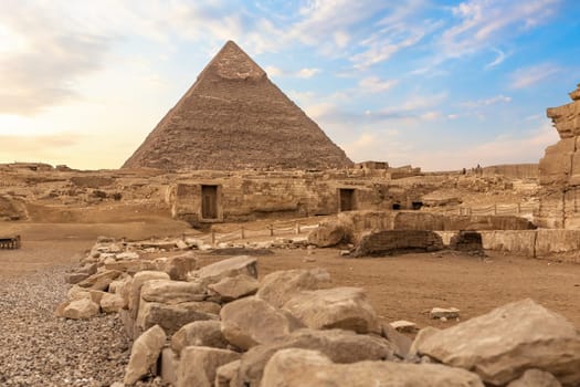 Ruins of ancient Giza and the Pyramid of Chephren, Egypt.