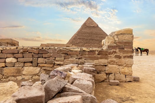 Temple ruins and the Pyramid of Khafre, Giza, Egypt.
