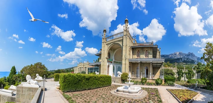 Vorontsov palace in Crimea, Southern facade panoramic view.