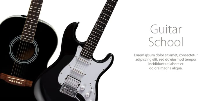 Black acoustic and electric guitars on a black background. Template design with sample text