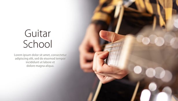 A man playing ukulele in close up view. Template design with sample text