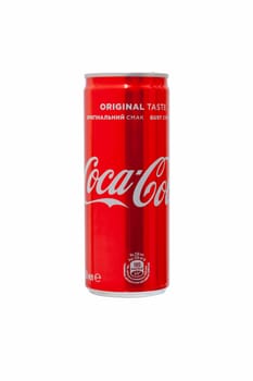 CHISINAU, MOLDOVA - Jule 21, 2019: Coca-Cola can 330 ml on white background.
