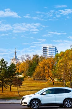 Chisinau, Moldova 24 June 2019: Autumn panorama of Chisinau city high-rise buildings construction, view of the city circus. Chisinau capital of the Republic of Moldova