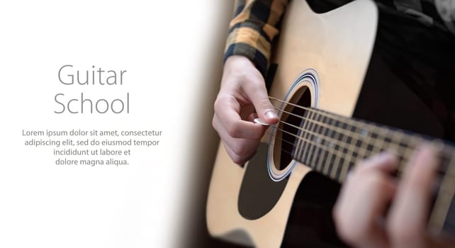 A man playing ukulele in close up view. Template design with sample text