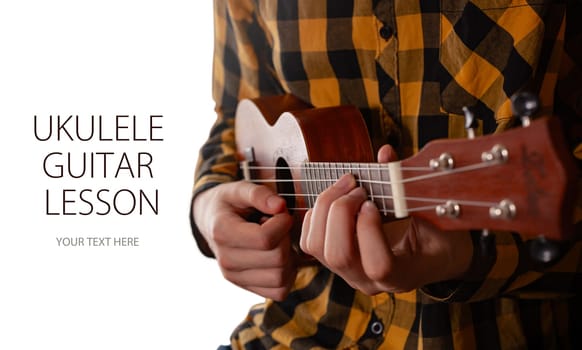 A man playing ukulele in close up view. Template design with sample text