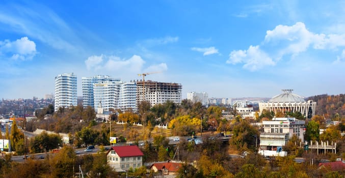 Chisinau, Moldova 24 June 2019: Autumn panorama of Chisinau city high-rise buildings construction, view of the city circus. Chisinau capital of the Republic of Moldova