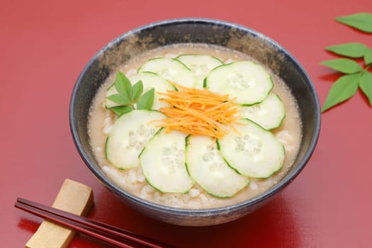 Japanese hiyajiru cold miso soup on red background