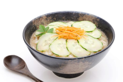 Japanese hiyajiru cold miso soup on white background